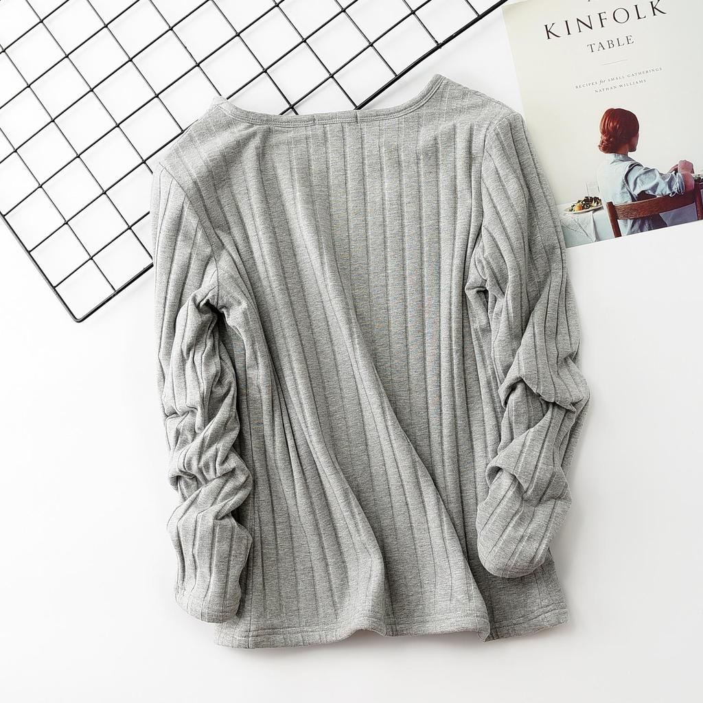 Thick Plus-Size Velvet-Lined Long-Sleeve Ribbed Cotton T-Shirt - Korean Style