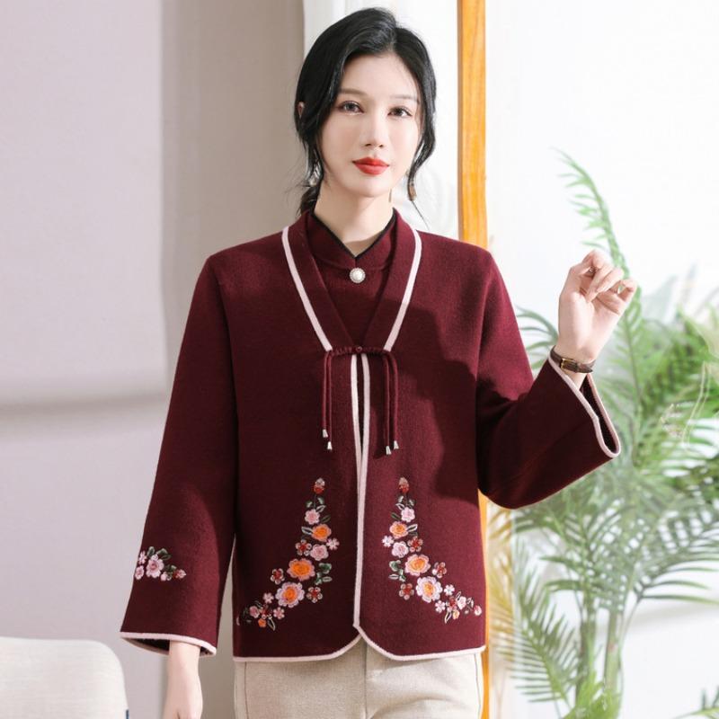 Mom autumn and winter fashion knitted long-sleeved two-piece set medium and old women's cardigan jacket top