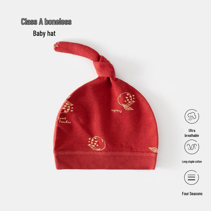Newborn Baby Cotton Hat for Autumn/Winter, Fontanelle Protection, 0-6 Months, Big Red