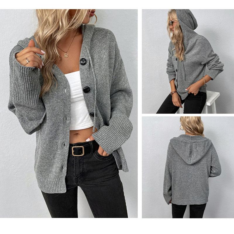 Hooded Knitted Cardigan Women's Solid Color Single Breasted Sweater Drawstring Design Thick Warm Jacket Loose Casual  Autumn Winter