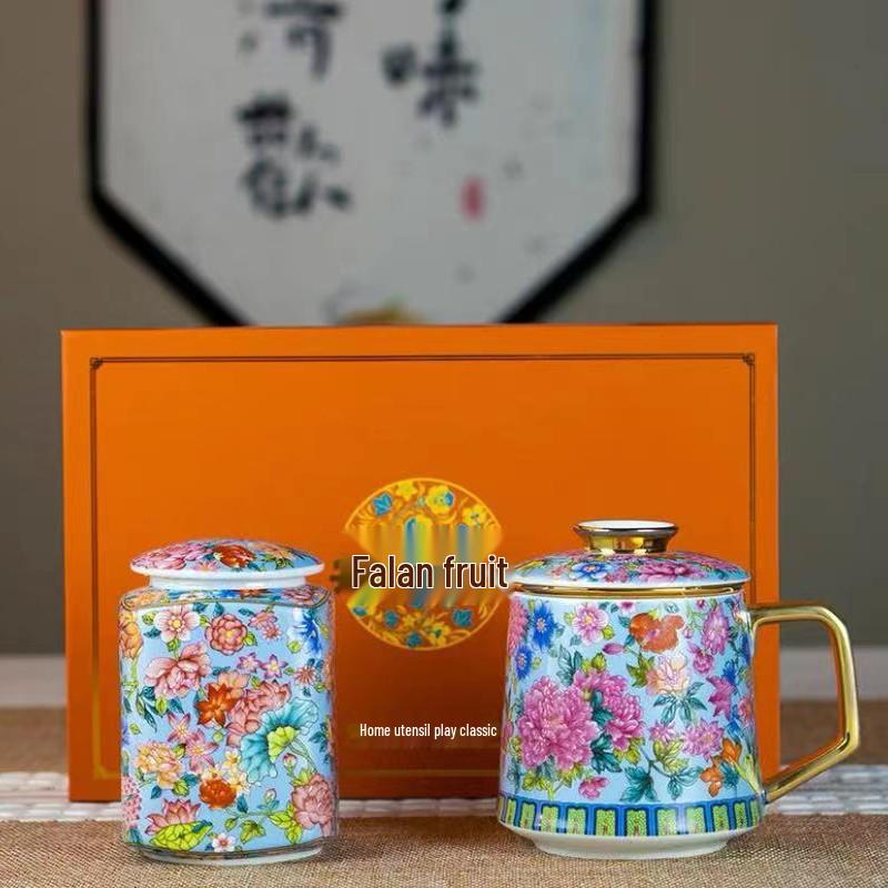 Gilt Cloisonné Enamel Women's Ceramic Mug with Tea Infuser and Square Canister