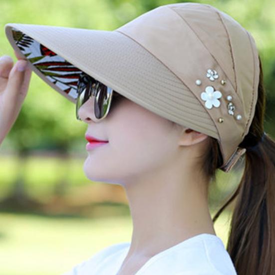 Women Solid Color Wide Brim Beads Flower Decor Sun Hat Visors Outdoor Sports Cap