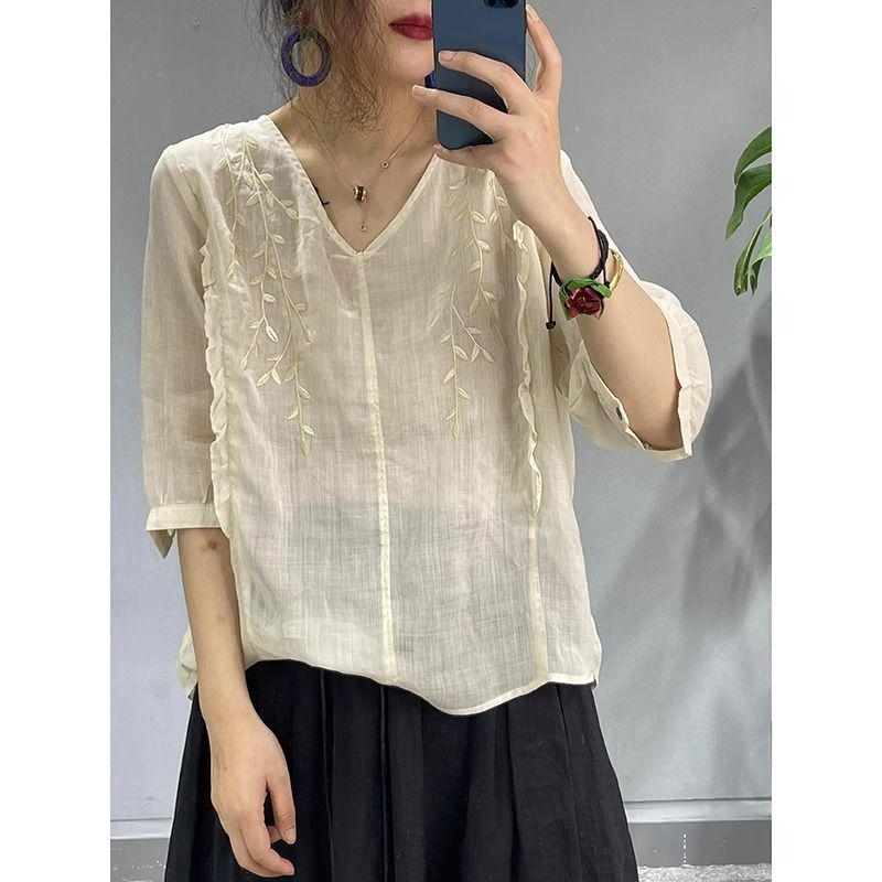 Women's V-Neck Embroidered Cotton Linen T-Shirt: Loose, Slimming, Solid Color, Five-Sleeve Summer Top