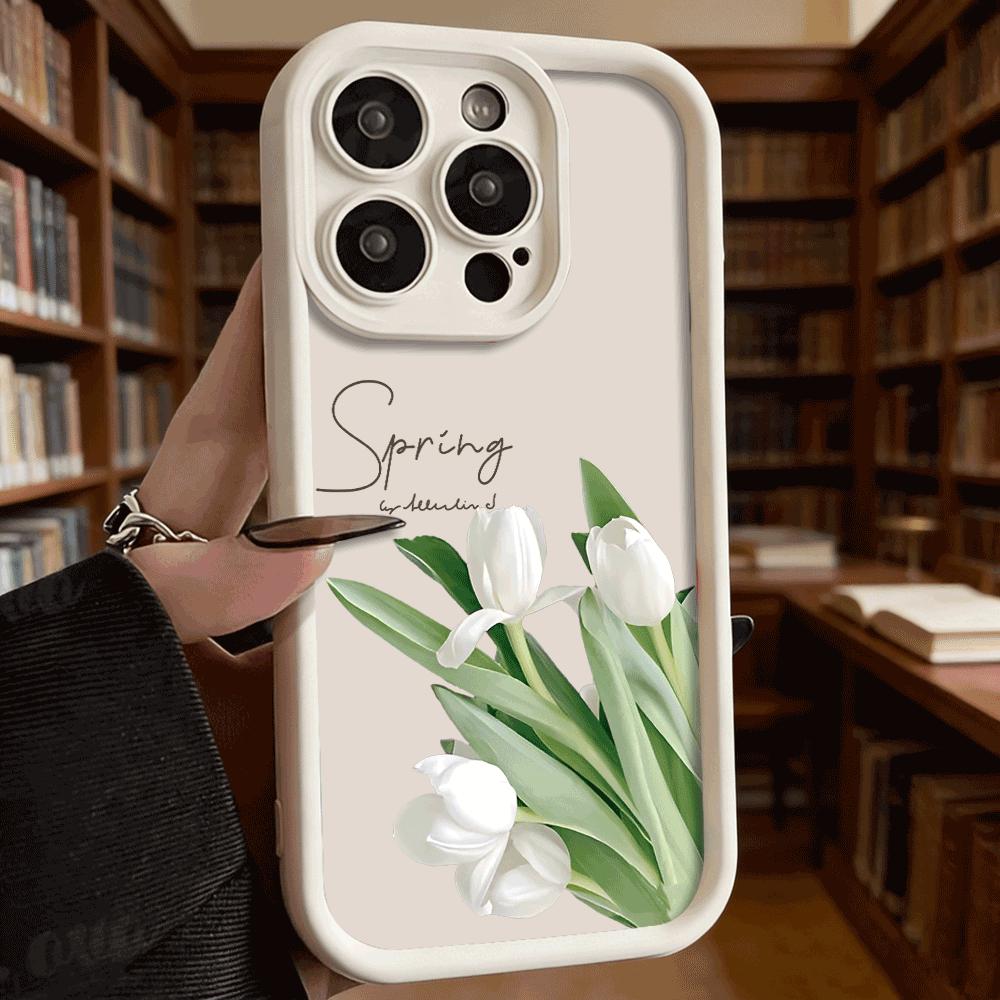 White Tulips with 'Spring' Text Soft TPU Phone Case for iPhone 17 16 15 14 13 12 11 Pro Max Plus Shockproof Anti-Slip Cover