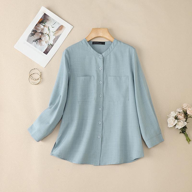 ZANZEA Kadın Günlük Yuvarlak Yaka Düz Renk 3/4 Kol Bol Bluz