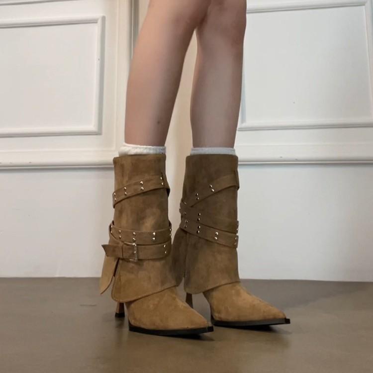 Cowhide Version~ Temperament Spice Girls Niche Trousers Boots Women's Belt Buckle High Heel Pointed Rivet Small Short Boots Slim Single Boots