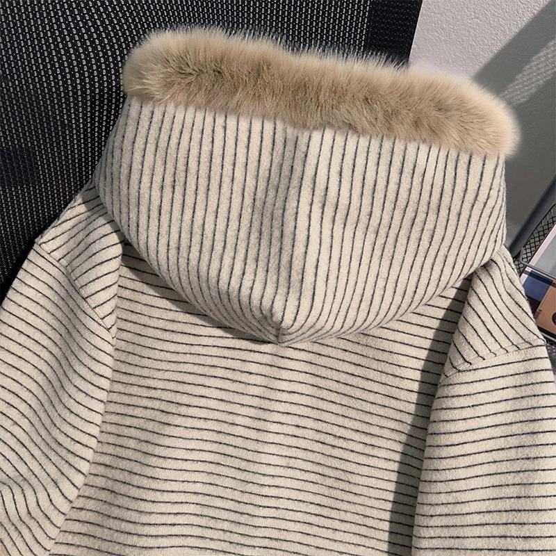 Punk Coat Y2k Vintage Faux Fur Collar Hoodie Zip-Up Woman Sweatshirts Goth Stripe Girl Coat Winter Jackets Hip Hop
