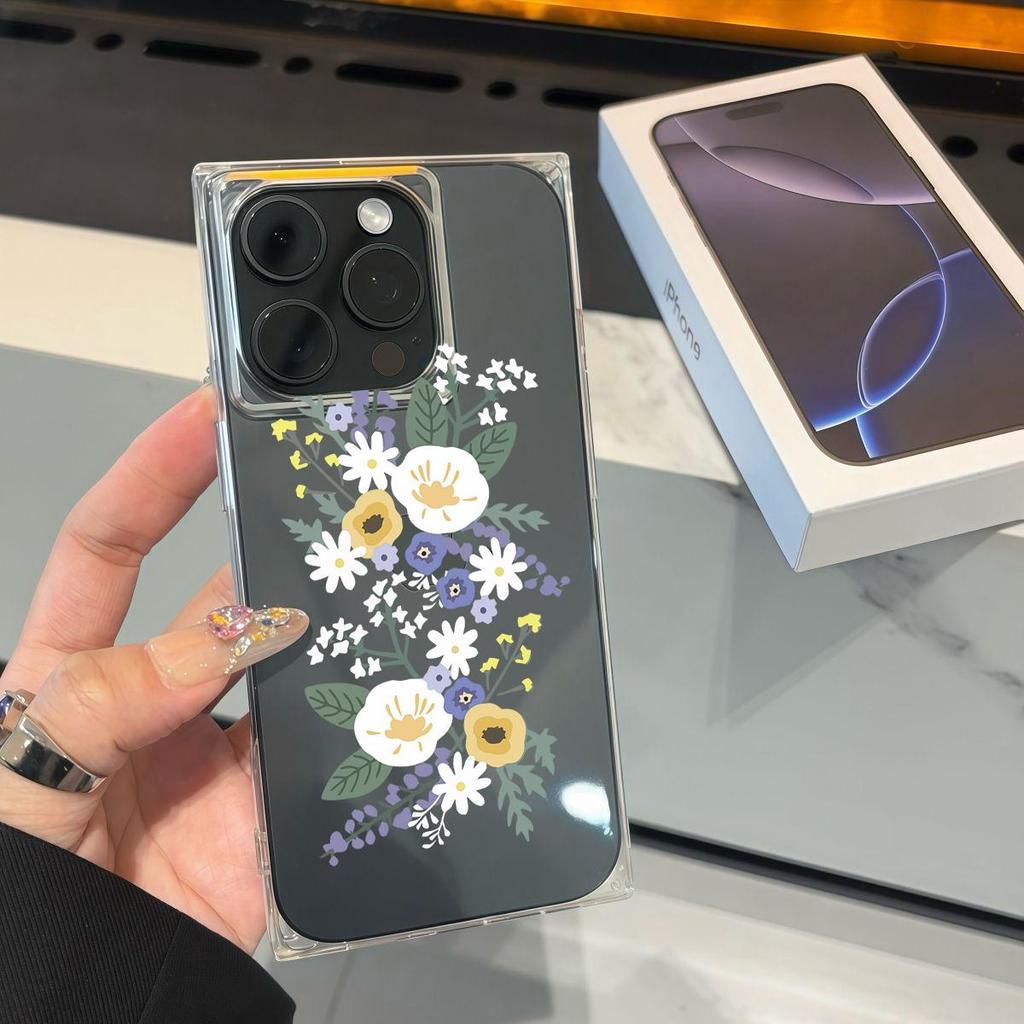 Clear Square Back Tube Case Protection For iPhone 13 11 12 15 Plus 16 ProMax 14 Pro Max Anti-Oxygen,White Daisy Pattern Casing