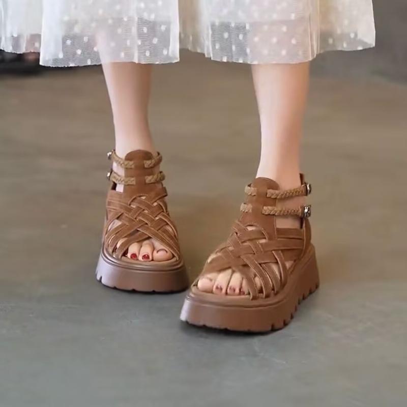 Fashion Thick Sandals Summer New Round Toe Cross Round Toe Shallow Mouth Open Toe Rear Zipper Non-Slip Kitten Heels