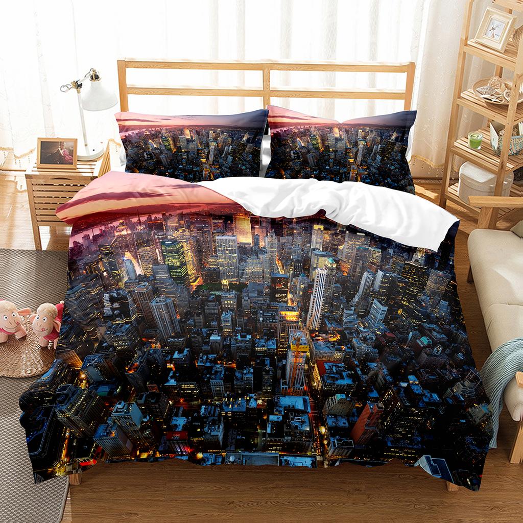 Cityscapes King Queen Duvet Cover Tall Buildings Landscape Bedding Set Busy Traffic View Quilt Cover Polyester Comforter Cover