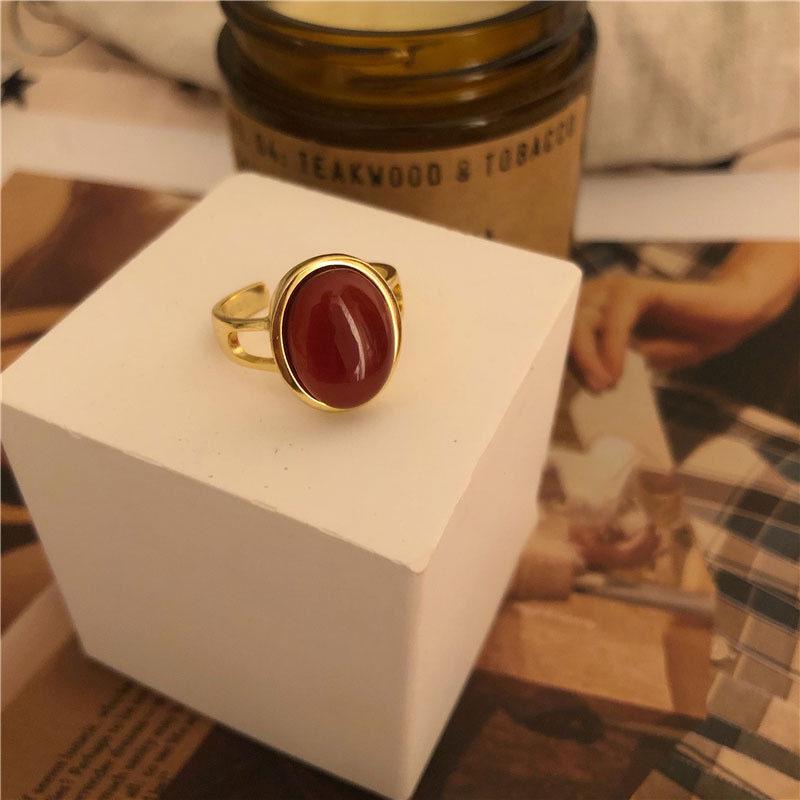 French Vintage Red Oval Women's 925 Silver-Plated Adjustable Ring - Korean Style Influencer Chic