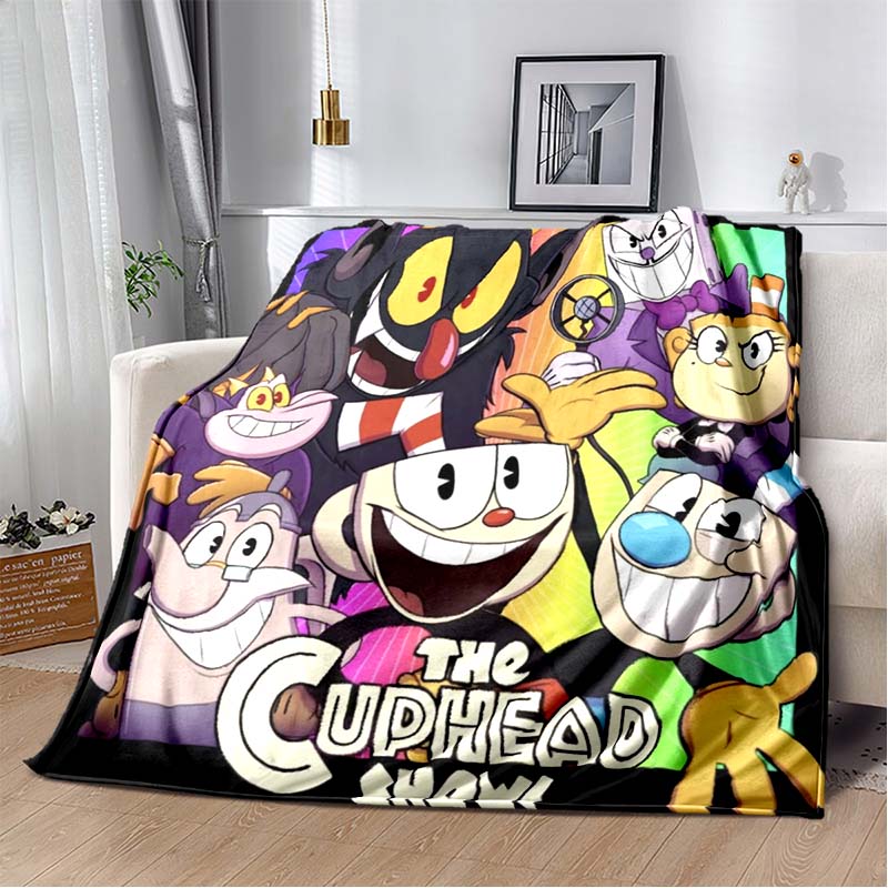 Cuphead & Mugman Flannel Blanket, Soft Throw with "Don't Deal With The Devil" Print, Cozy Bedding for Retro Game Fans