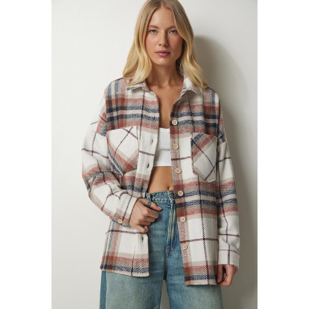 Dámská béžová krémová vzorovaná nadměrná kašmírová košile dřevorubce Tu00034