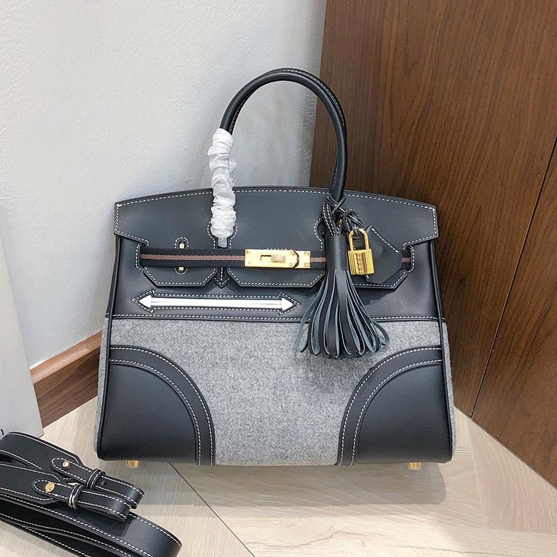 Haute Couture Version First Layer Swift Cowhide Splicing Felt, Contrasting Leather Handheld Women's Bag Shoulder Messenger Bag