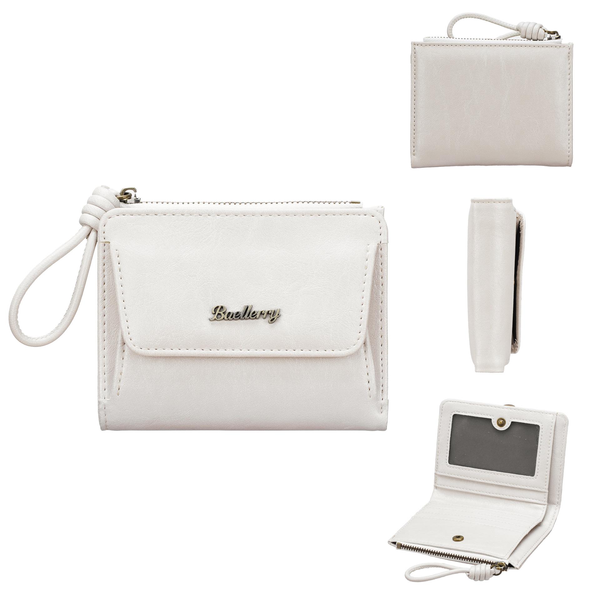 Women s High-End Oil Wax Leather Wallet - Card Holder, Short Wallet with Snap Button & Zipper кремовый