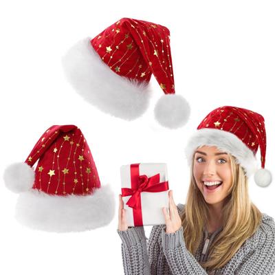 Gorro de Papai Noel Estrela Dourada Gorro de Natal Vermelho com Pompom Branco Fofo Gorro de Natal Peludo para Reunião Festiva Festa de Natal Ano Novo