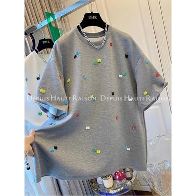 Kralen T-shirt met korte mouwen Koreaanse losse top voor dames Lente en zomer Nieuwe pullover