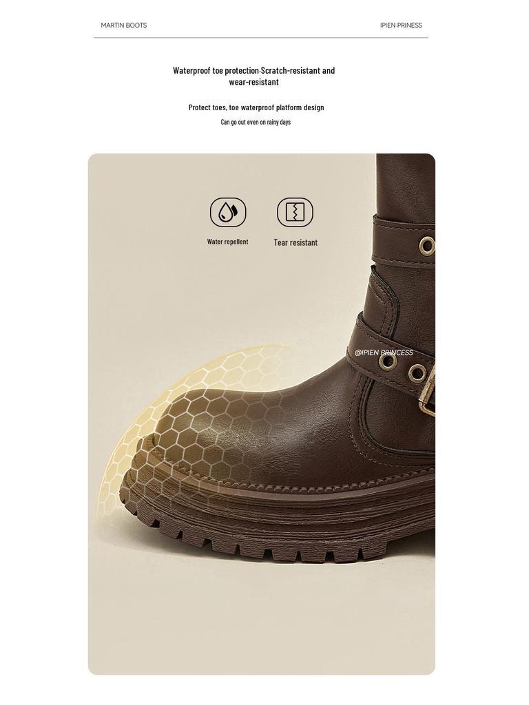 2025 New Women's British Style Martin Boots - Brown Retro Mid-Calf, Perfect for Early Autumn with Skirts