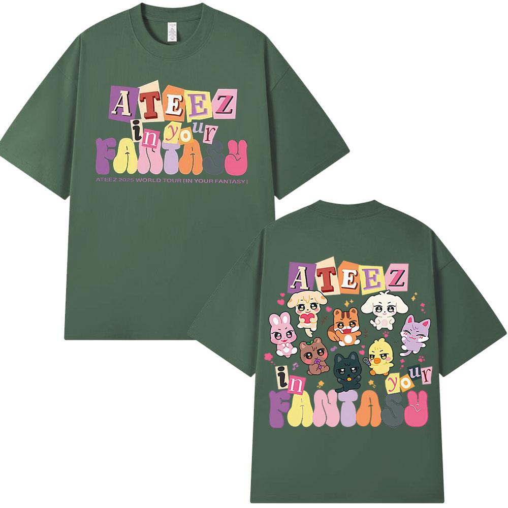 Cute Ateez 2025 World Tour in Your Fantasy T Shirt Fan Gifts Korean Kpop Fashion T-shirt Men Women Cotton Short Sleeve T-shirts