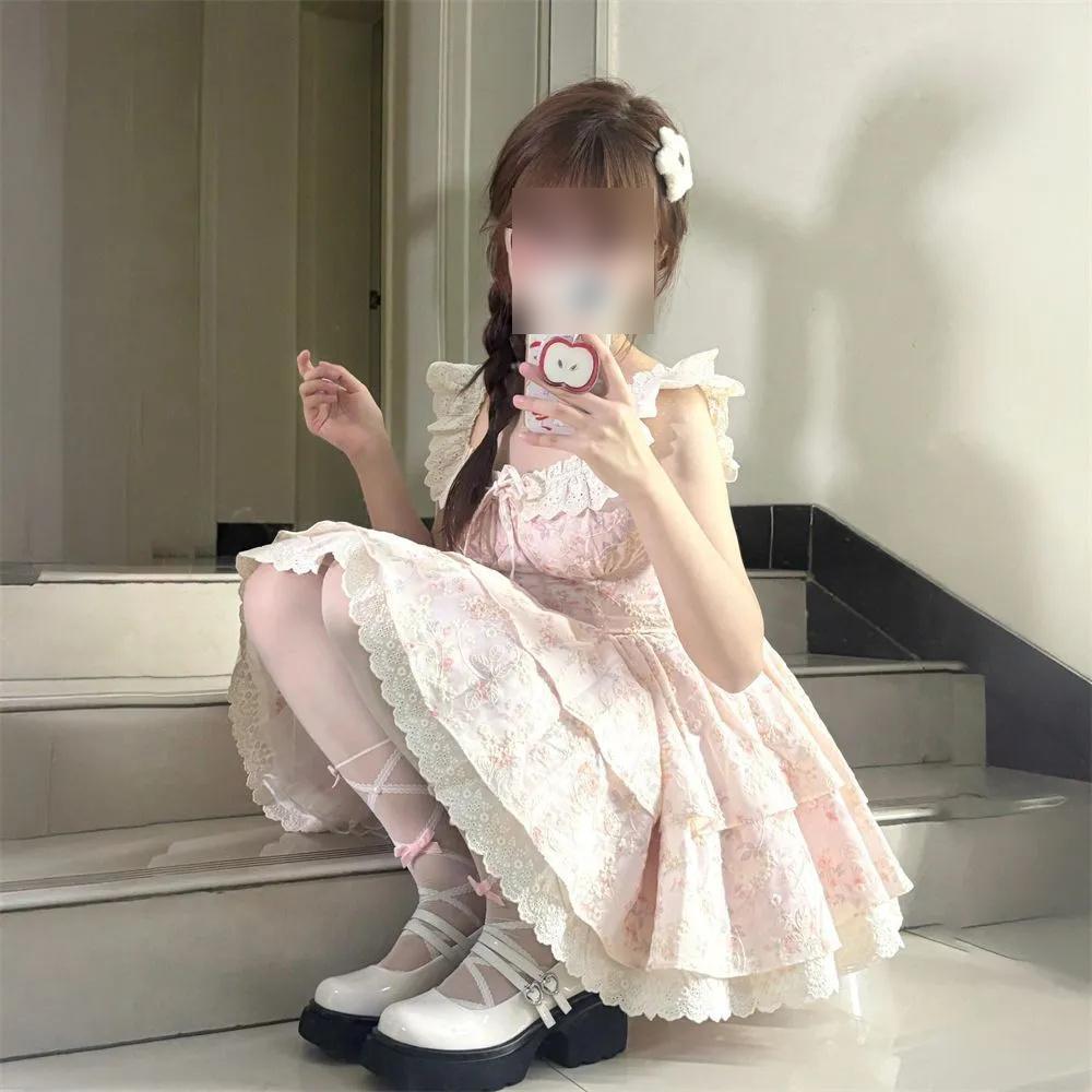 French sweet pink small flying sleeves floral dress women's summer small man waist fugitive princess fluffy short dress