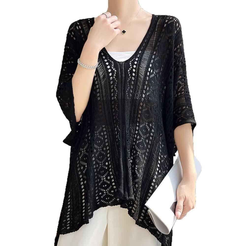 Spring/Summer V-Neck Loose Knit Cardigan with Sun Protection.