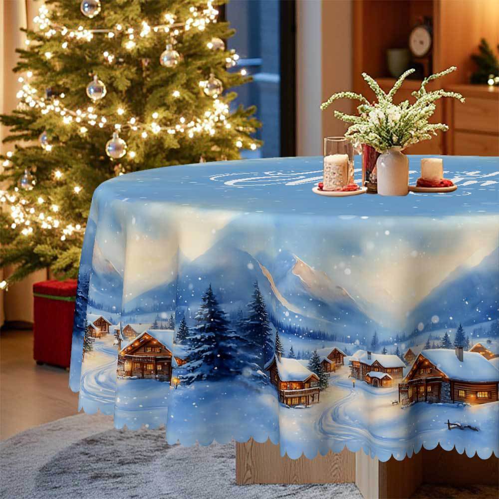 Christmas Table Blue Decorative Cloth, Waterproof And Oil-Proof Snow View House Tablecloth European-Style Warm Holiday Atmosphere Layout