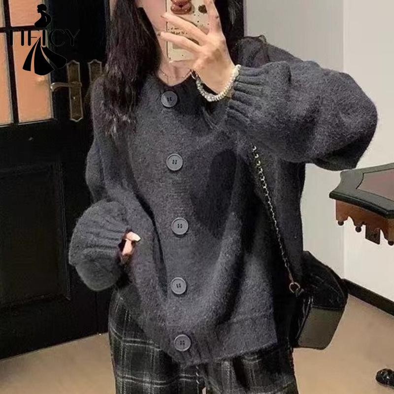 TIFICY Damenmode, lässig, Herbst/Winter, einfarbig, bedruckt, langärmelig, O-Ausschnitt, Oberteile, Damenbekleidung, Wollstrickpullover