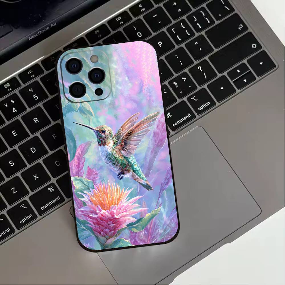 Bird Hummingbird Painting Phone Case For iPhone 17,16,15,14,13,12,11 Plus,Pro Max,XS,Soft Silicone Black Cover