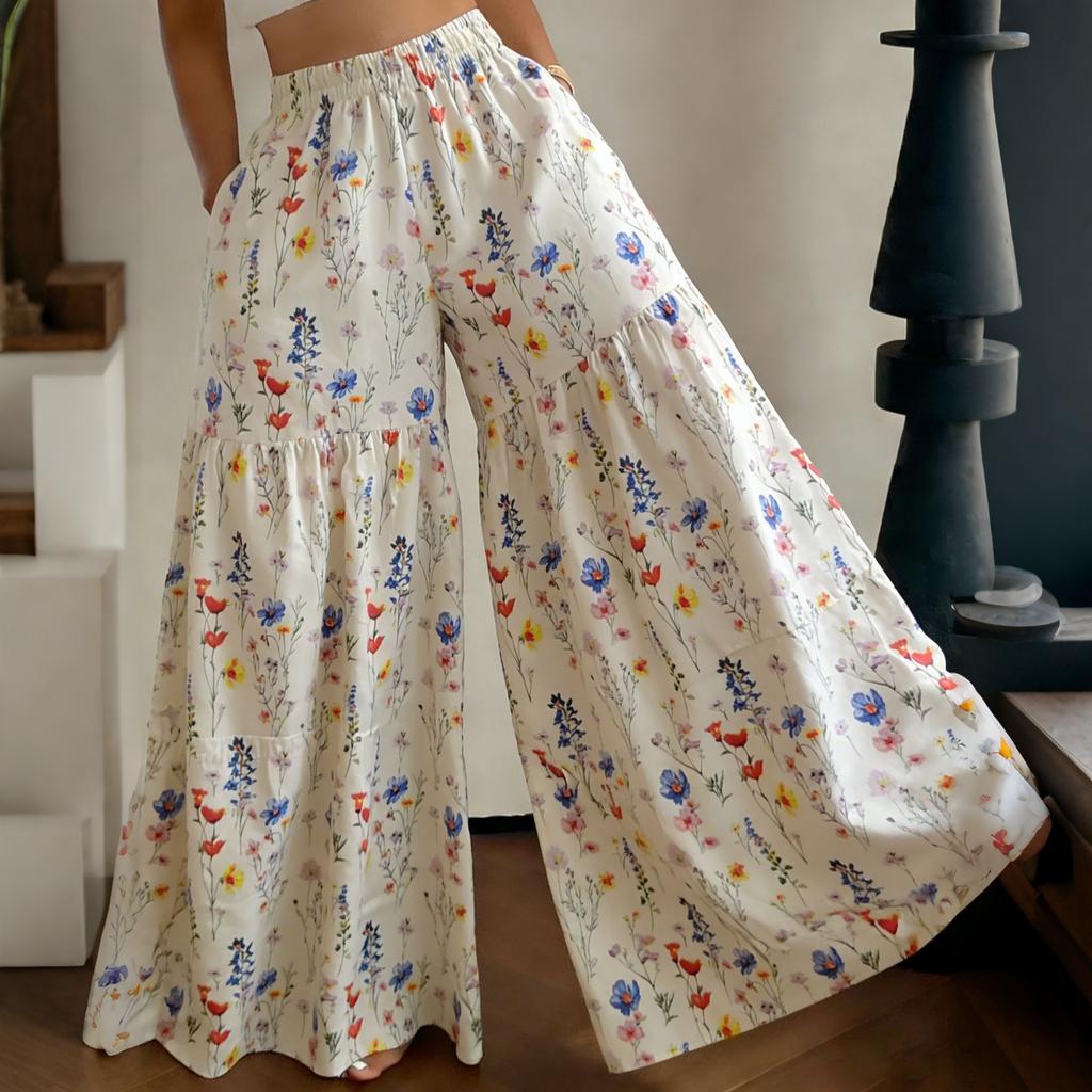 Women's High Waist Wide Leg Pants Loose Fit Lightweight Floral Print Casual Palazzo Trousers with Elastic Waistband and Side Pockets