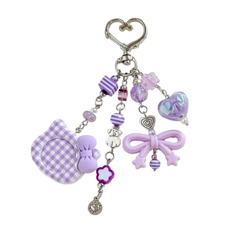 Stylish Bowknot Beaded Keychain for Women Sturdy Alloy Keyring With Secure Metal Closure Fashionable Accessory фиолетовый