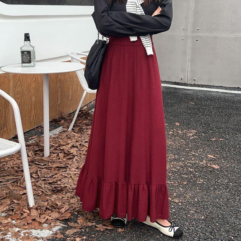 Thick Knitted Half Skirt Autumn/Winter New Popular Style Leaf High Waist Word Large Slimming Splicing Medium Length Long Skirt