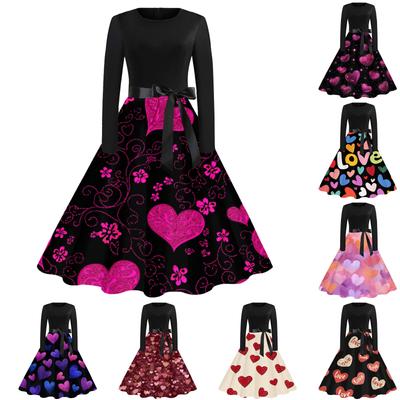 Women's Casual Fashion Round Neck Valentine's Day Printed Retro Dress