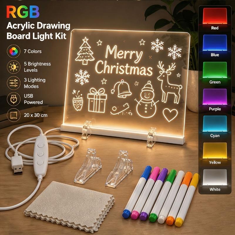 DIY Rewritable Glowing Acrylic Message Board Lamp, Light Up Drawing Board for Kids, Comes with 7 Vibrant Color Marker Pens