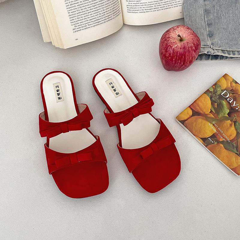 Popular fairy style red flat bottom one-word slippers women s summer wear with skirt non-slip cool slippers 35