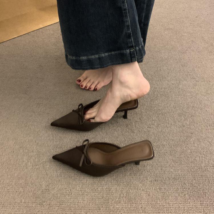 French Bow Pointed Head Stiletto Slippers Women's Early Spring New Bag Head Half Slippers Temperament Wearing Sexy High Heels