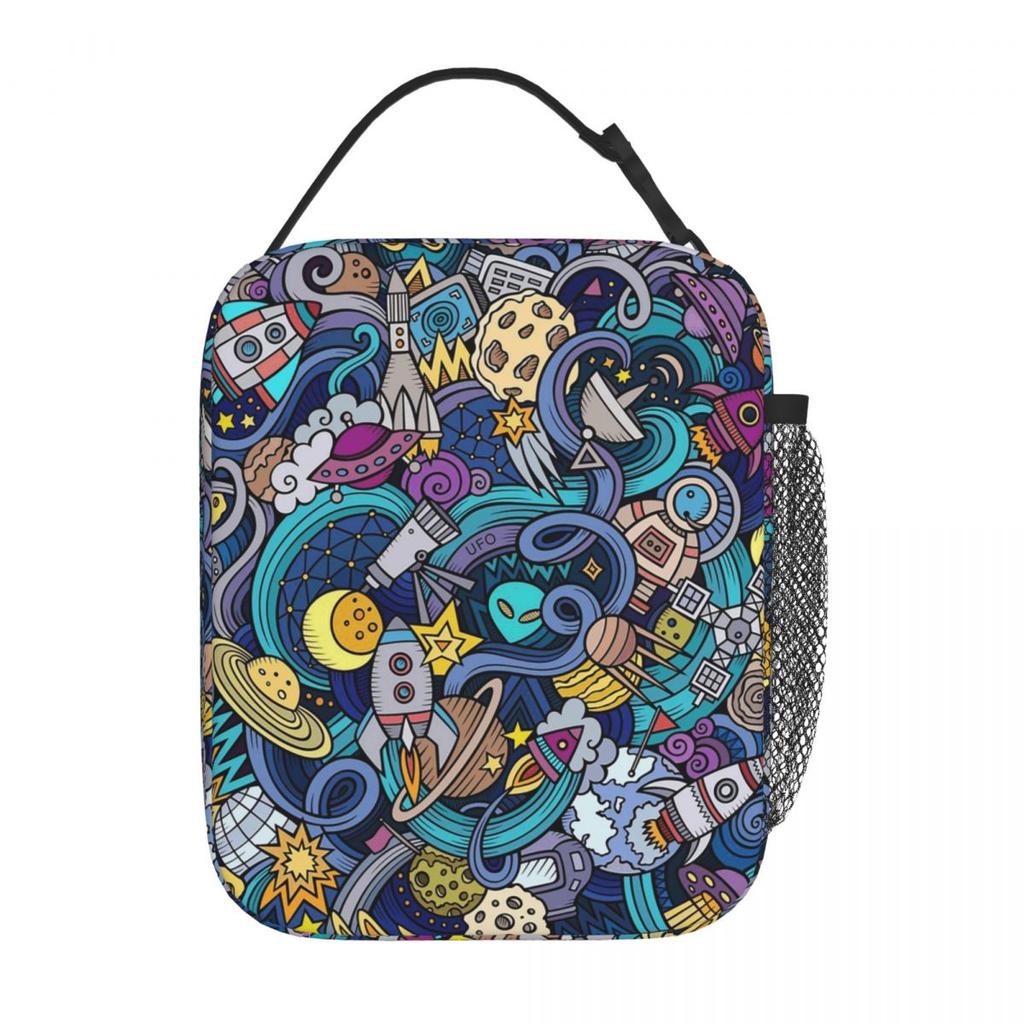 Colour Alien Rocket Spaceship Pattern Insulated Lunch Bag for Women Children Portable Food Boxes Thermal Lunch Box Tote
