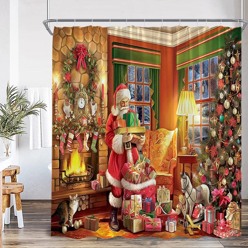 Jultomten Jul Duschdraperi Vinterhus Julgran Gåva Katt Öppen spis Badrumsgardin Tyg Hem Badrumsinredning med Krokar