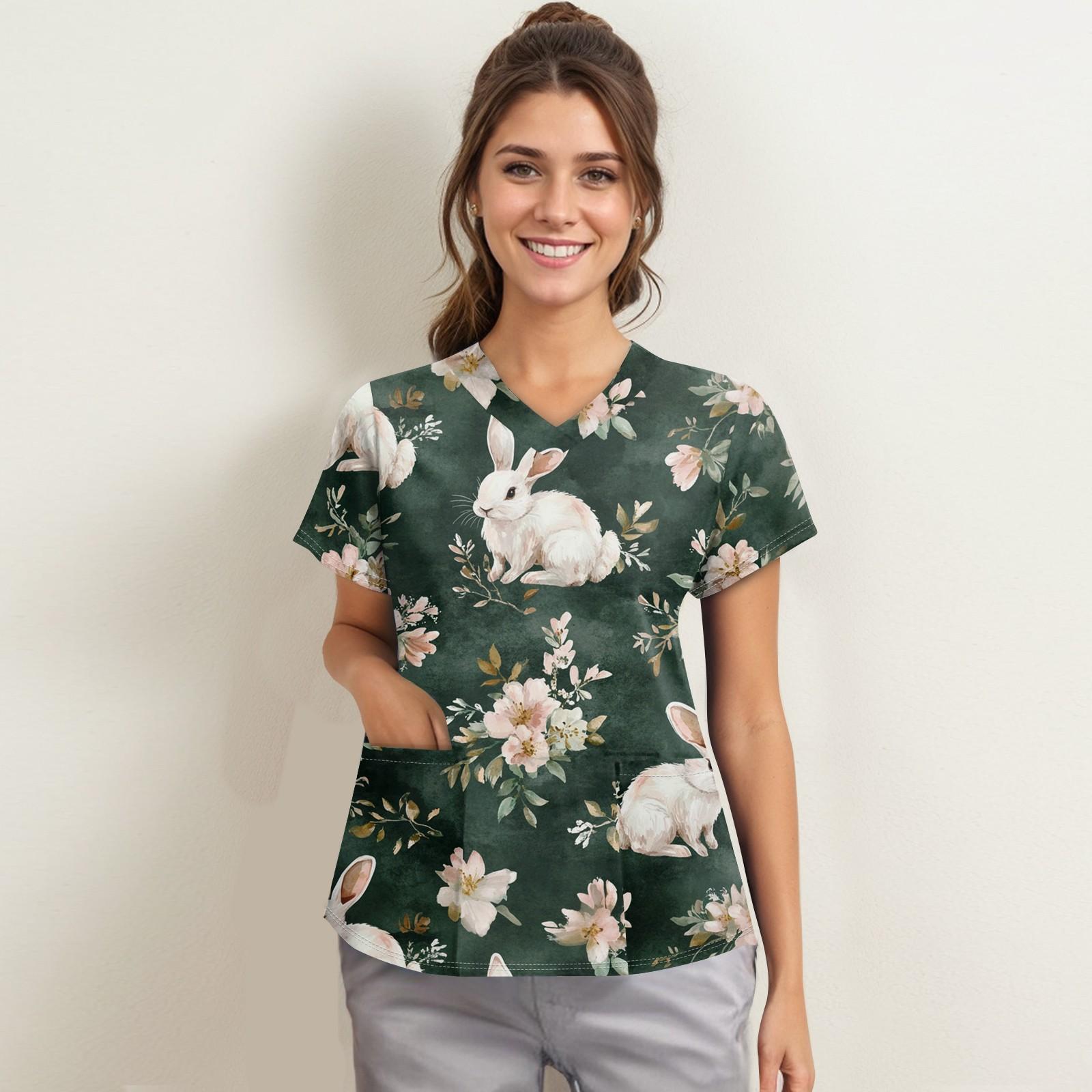 

Женская мода с v-образным вырезом, короткими рукавами и карманами, топы с принтом XXXXXL