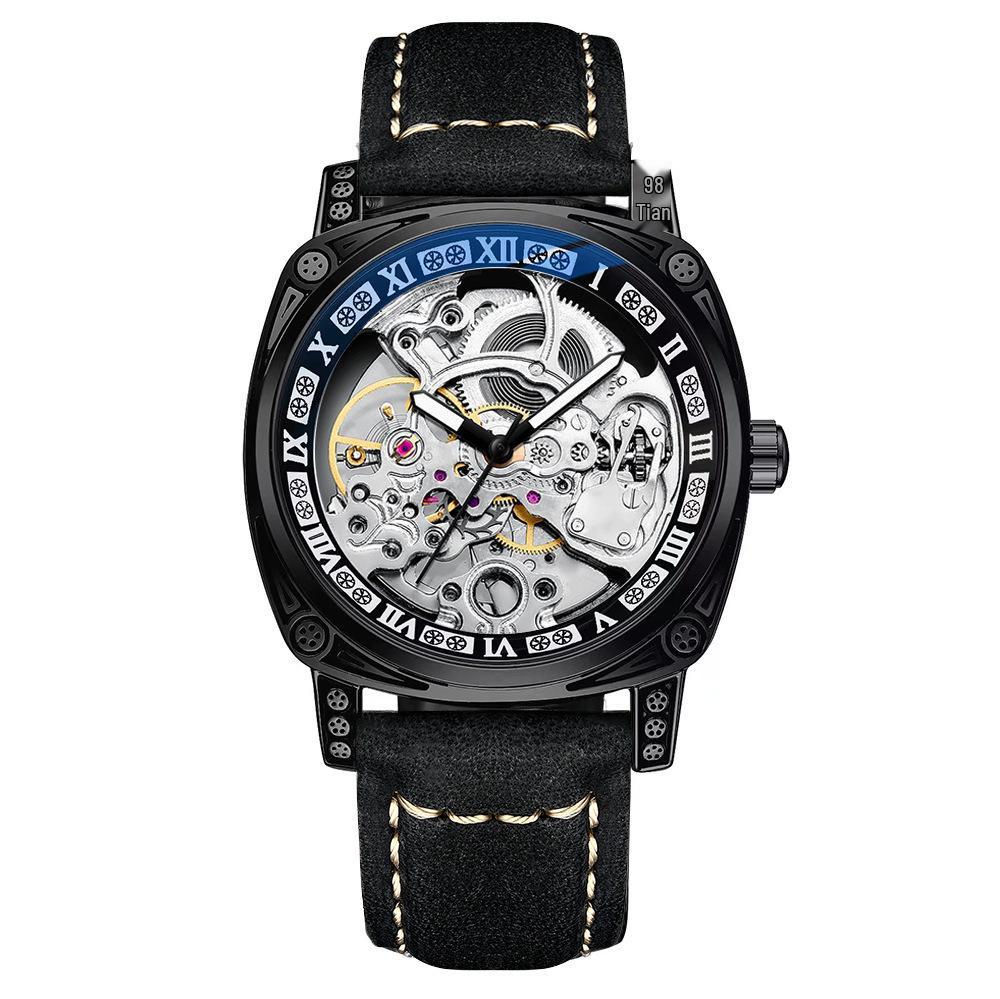 BINBOND Men s Automatic Luminous Skeleton Leather Sports Watch
