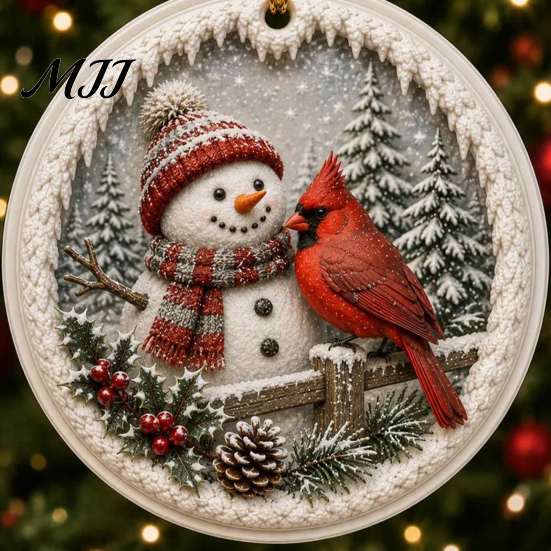 Snow Scene Xmas Decorations Acrylic Christmas Red Bird Ornament, Pattern Tree Hanging Ornaments Decor, Retro Round Pendant for Winter Holiday Party