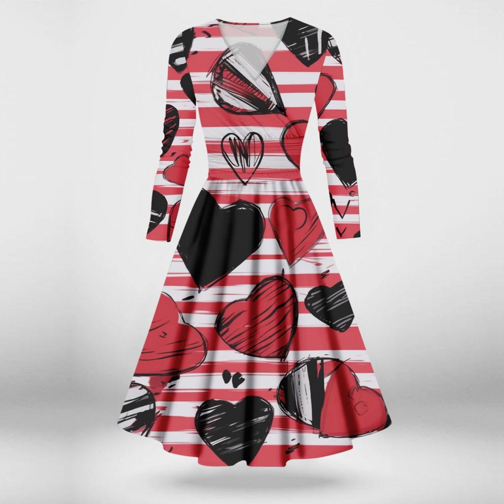 Women's Fashion Casual Valentine's Day Printed Long Sleeve V-Neck Sexy Dresses