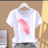 (Asian Size) Feather Trend Cute Graphic Female Top Women's Clothing T O-neck Tee Fashion Print Casual Short Sleeve T-shirts