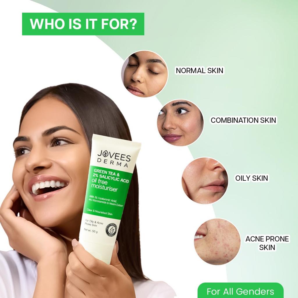 Jovees Green Tea Light Moisturizer For Oily Acne Prone Skin | Hydrating Non Sticky Cream With Niacinamide & Hyaluronic Acid 50g Pack