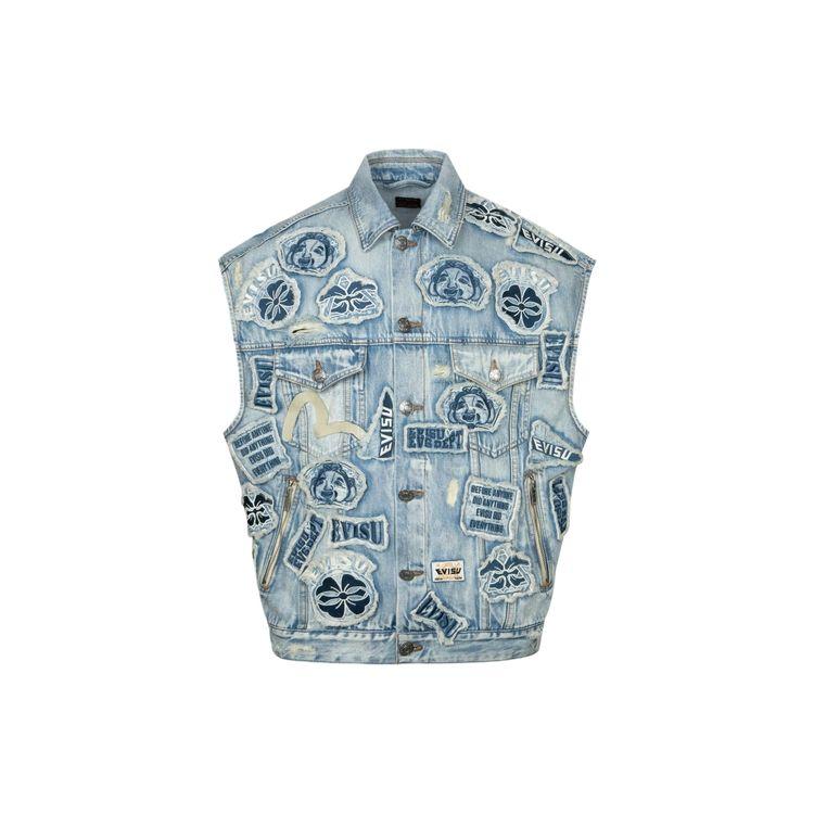 Evisu Multi Badge Distressed Wide Denim Vest Men Vests 2ESHTM4VS8109LFDN