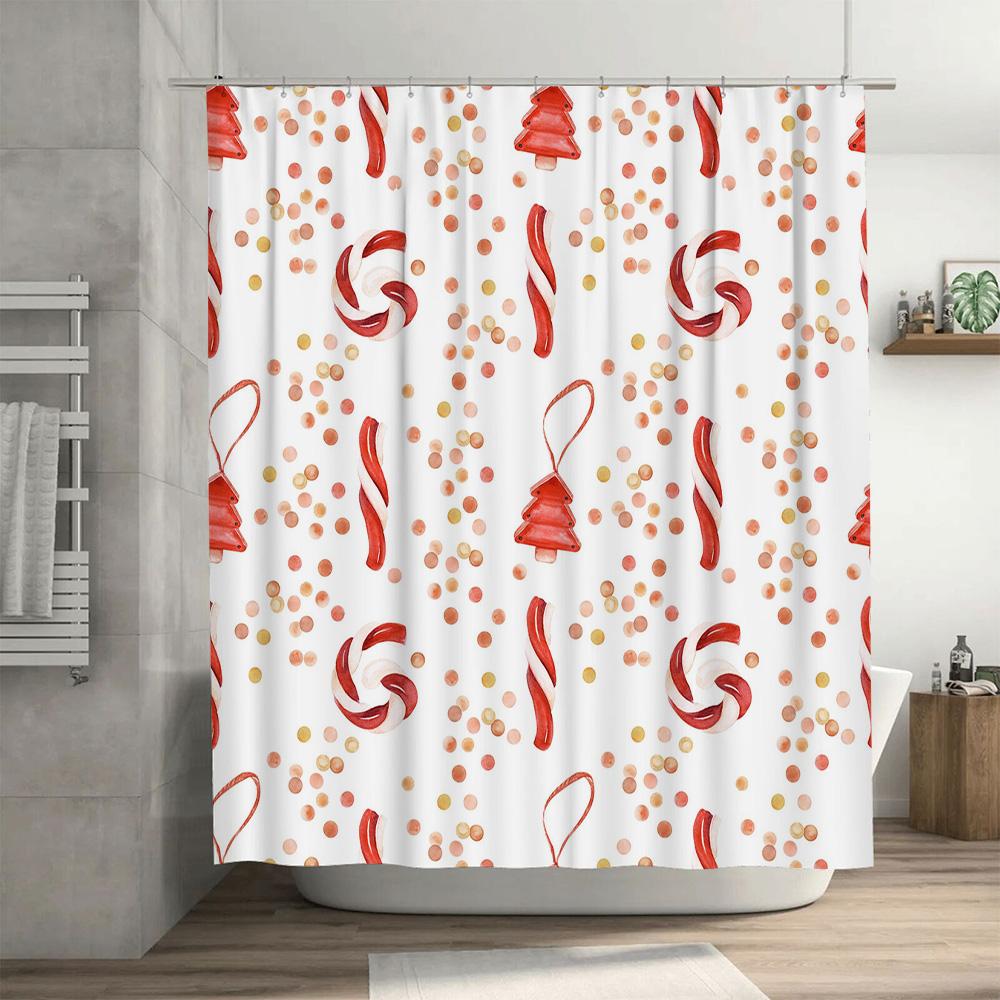 Christmas Shower Curtain Bathroom Decor Red White Candy Cane Floral Pattern Waterproof Polyester Fabric Home Accessories Bl