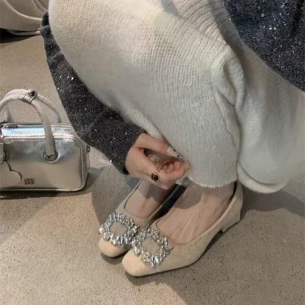 

French temperament rhinestone square head shallow mouth shows leg length 2025 new autumn and winter fairy versatile commuting thick heel high heels 40 абрикосовий