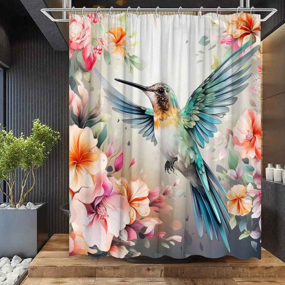 Vibrant Hummingbird Shower Curtain: Embrace the Artistic Design, Soft Fabric, and Floral Vibes for Your Charming Bathroom