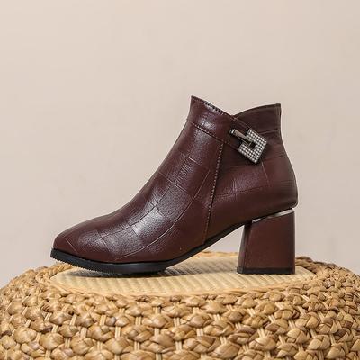Mode Nieuwe Zacht Leer Dames Korte Enkellaarsjes met Fleece Korte Dikke Hakken voor Herfst en Winter 2025