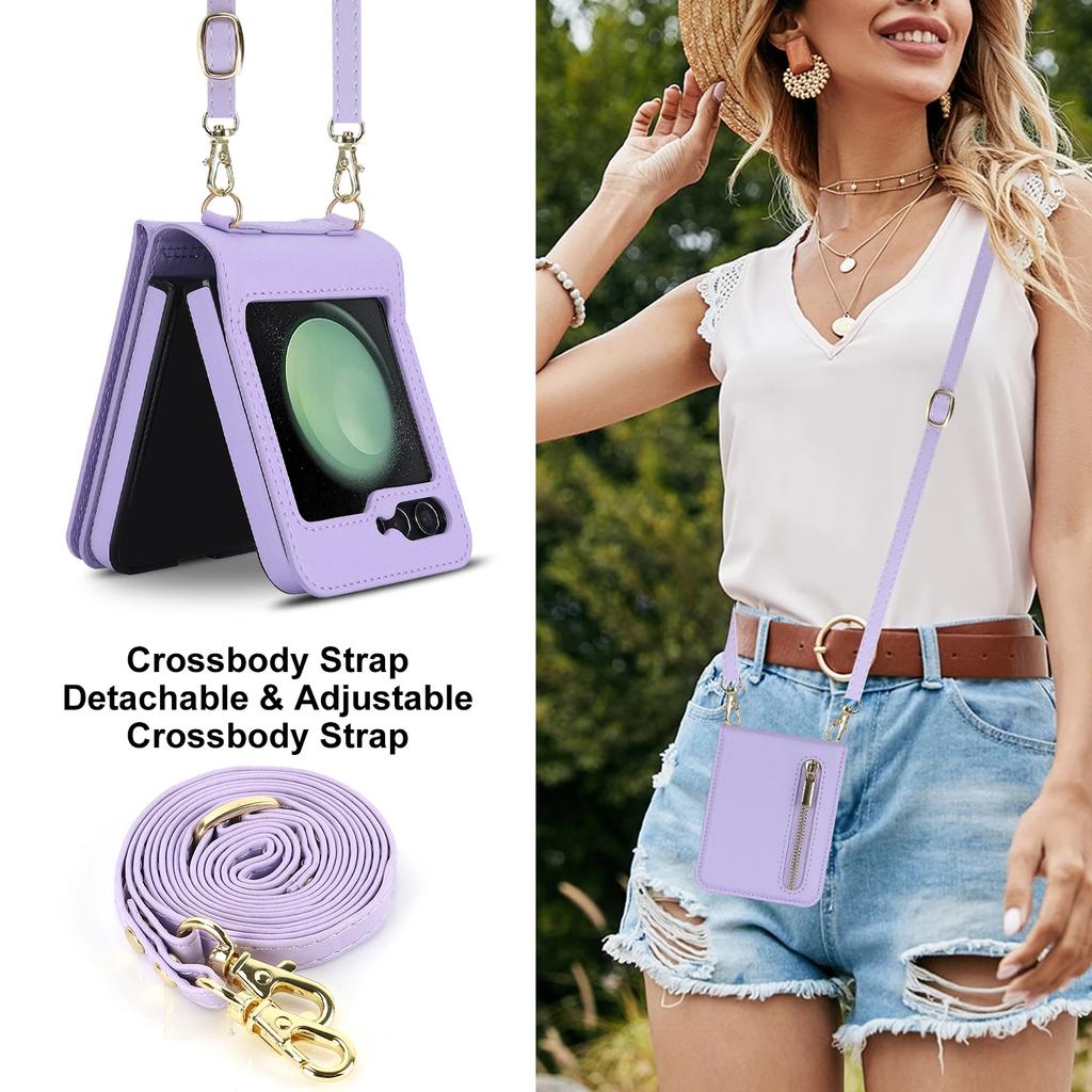 Zipper Wallet Vertical Cards Solt Crossbody Case for Samsung Galaxy Z Flip 7 SE 6 5 4 Shoulder Strap Lanyard Holder Purse Cover
