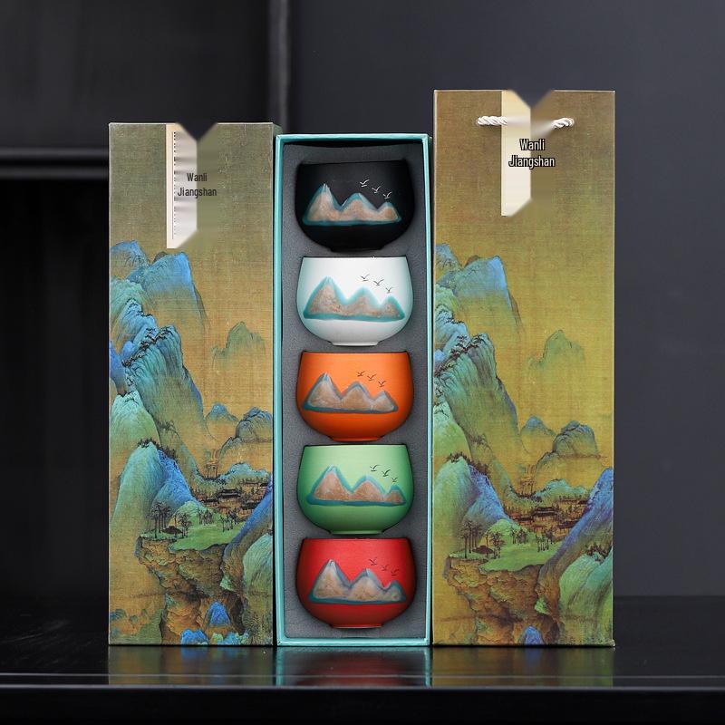 Guochao Hand-Painted Ten Thousand Li Rivers & Mountains Tea Set - Creative Gift Box with Tea Cups